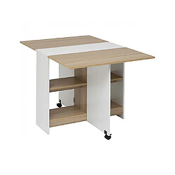 Pegane Table à manger pliante multifonctions avec roulettes et étagères de rangement, coloris chêne/blanc - Longueur 120,5 x Profondeur 80 x Hauteur 75 cm