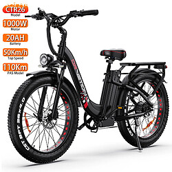 Vélo électrique Drvetion CTR26 26"x4.0" 48V 20AH 1000W Moteur Freins doubles avant et arrière Noir