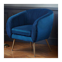 Pegane Fauteuil en velours coloris bleu plissé et pieds en métal doré - Longueur 74 x Profondeur 70 x Hauteur 78 cm