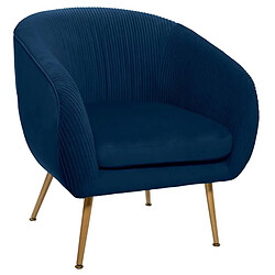 Pegane Fauteuil en velours coloris bleu plissé et pieds en métal doré - Longueur 74 x Profondeur 70 x Hauteur 78 cm