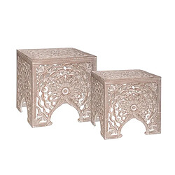 Pegane Lot de 2 tables café carrées en bois à motifs floraux sculptés, coloris beige - Longueur 45 x Profondeur 45 x Hauteur 46,5 cm