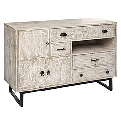 Pegane Buffet à 3 Portes et 4 Tiroirs en bois de manguier sculpté coloris beige - Longueur 115 x Profondeur 40 x Hauteur 81,5 cm