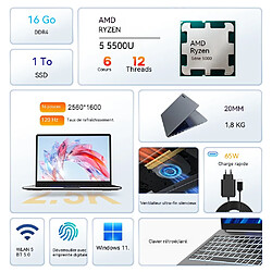 Ninkear PC Portable AMD Ryzen 5 5500U - 16" FHD, 16GB RAM, 1024GB SSD - Ordinateur Portable