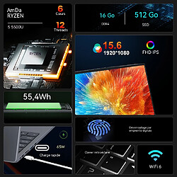 Ninkear PC Portable AMD Ryzen 5 5500U - 15,6" FHD, 16GB RAM, 512GB SSD - Ordinateur Portable