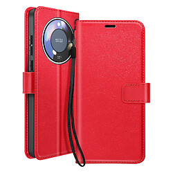 Mayaxess Étui Portefeuille pour Honor Magic 8 Lite avec Dragonne et Fonction Stand Rouge