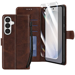 Enkay Étui Portefeuille pour Galaxy S26 avec Verre Trempé et Dragonne Marron