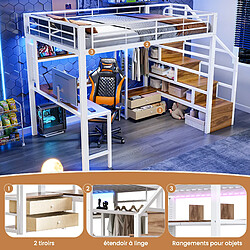 Avis allomn Lit mezzanine métal 140x200 cm - bureau escalier tiroirs grille LED - blanc