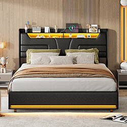 Lit rembourré - Superaly - 160x200cm - avec USB et LED - lit de rangement - noir