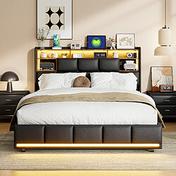 Lit rembourré - Superaly - 140x200cm - avec USB et LED - sans matelas - noir