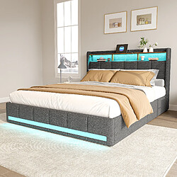Lit rembourré - Superaly - 140×200cm - avec éclairage LED et 4 tiroirs - Ports USBs - Gris