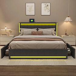 Lit double - Superaly - 180×200cm - avec éclairage LED et 4 tiroirs - Cadre à lamelles-Gris