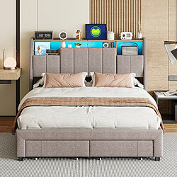 Lit rembourré - Superaly - 160x200cm - avec USB et LED - avec 2 tiroirs - gris