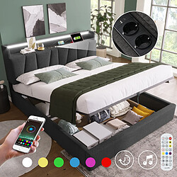 Avis Onever Lit coffre rembourré 140x190 cm - USB LED rangement - lin gris