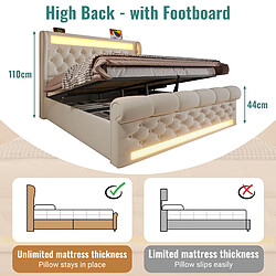 Avis Onever Lit coffre rembourré 140x190 cm - LED - velours beige