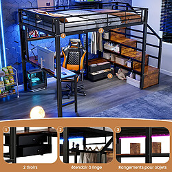 Avis allomn Lit mezzanine métal 140x200 cm - bureau escalier tiroirs grille LED - noir