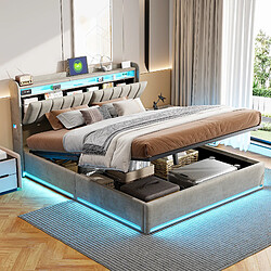 Lit rembourré - Superaly - 140x200cm - lit de rangement - avec LED et USB - gris