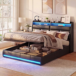 Lit double - Superaly-160×200cm-avec éclairage LED-Cadre à lames-stockage hydraulique- Noir