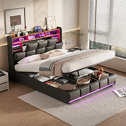 Lit rembourré - Superaly - 160x200cm - avec USB et LED - noir