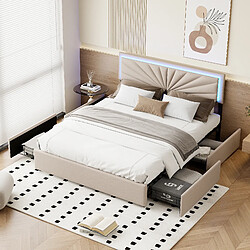 Lit rembourré - Superaly - 140×200cm - avec éclairage LED - 4 tiroirs - Tissu Velvet- Beige