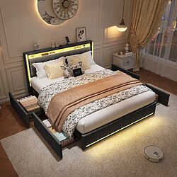 Lit double - Superaly - 160×200cm - avec éclairage LED et 4 tiroirs - Cadre à lamelles-Gris