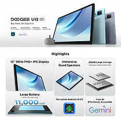 Acheter DOOGEE U13 – Tablette 13" IPS, batterie 11000mAh, charge 18W, 256Go, Android 16