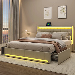 Acheter Lit double - Superaly - 180×200cm - avec éclairage LED et 4 tiroirs -Cadre à lamelles-beige