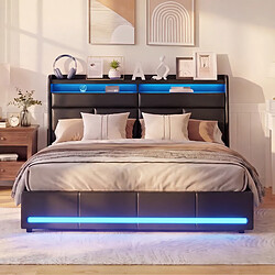 Acheter Lit double - Superaly-160×200cm-avec éclairage LED-Cadre à lames-stockage hydraulique- Noir