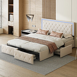 Lit rembourré - Superaly - 140×200cm-avec éclairage LED et 4 tiroirs-Cadre à lamelles-beige