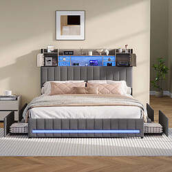 Lit rembourré - Superaly - 140x190cm - avec USB et LED - gris