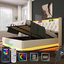 Avis Onever Lit coffre rembourré 140x190 cm - LED 360°- PU blanc