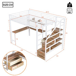allomn Lit mezzanine métal 140x200 cm - bureau escalier tiroirs grille LED - blanc pas cher
