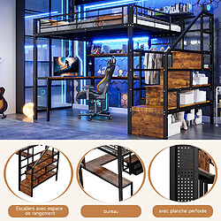 Acheter allomn Lit mezzanine métal 140x200 cm - bureau escalier tiroirs grille LED - noir