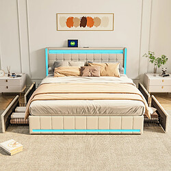 Lit double - Superaly - 140×200cm - avec éclairage LED et 4 tiroirs -Cadre à lamelles-beige
