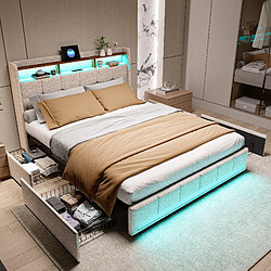 Lit rembourré - Superaly - 140×200cm - avec éclairage LED et 4 tiroirs - Ports USBs - Beige