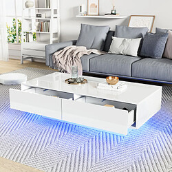 modfu Table basse rectangulaire blanche brillante 115x55 cm avec 2 tiroirs et LED