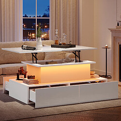 modfu Table basse relevable blanche brillante 90x55x41 cm avec 4 tiroirs de rangement et LED