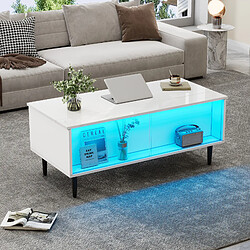modfu Table basse relevable blanche 105x50 cm avec rangement et LED