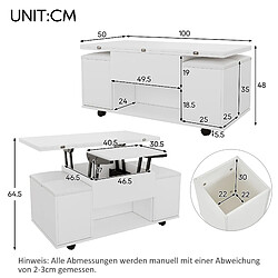 Avis modfu Table basse relevable carrée 100x100 cm avec rangement, blanc