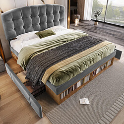 allomn Lit coffre double 140x190 cm - tête réglable 2 tiroirs - velours gris