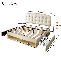 allomn Lit coffre double 140x190 cm - tête réglable 2 tiroirs - velours beige pas cher