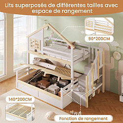 Acheter allomn Lit superposé 90x200 + 140x200 cm - échelle rangement grille cabane - bois - blanc naturel
