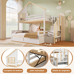 Avis allomn Lit superposé 90x200 + 140x200 cm - échelle rangement grille cabane - bois - blanc naturel