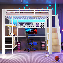 Onever Lit mezzanine enfant metal 140x200 cm LED rangement 3 tiroirs table - blanc