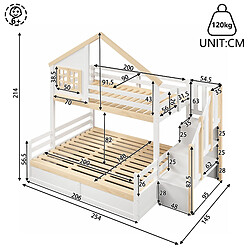 allomn Lit superposé 90x200 + 140x200 cm - échelle rangement grille cabane - bois - blanc naturel pas cher
