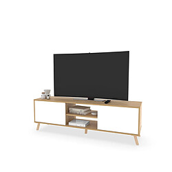 Acheter Pegane Meuble TV sur pieds avec 2 portes et 2 étagères coloris Chêne doré/Blanc