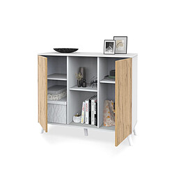 Avis Pegane Buffet meuble de rangement à 2 portes et 2 niches centrales coloris Blanc/chêne
