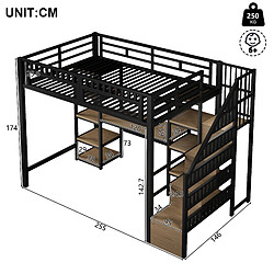 Onever Lit mezzanine 140x200 cm – Bureau LED USB – Métal noir pas cher