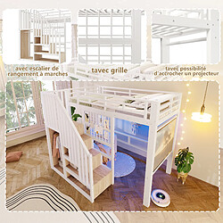 Avis allomn Lit superposé métal 90x200 cm - marches rangement grille support projecteur - Blanc