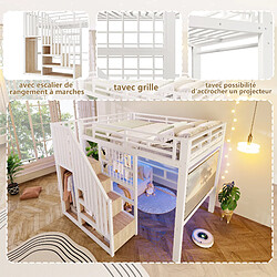 Avis Onever Lit superposé métal 140x200 cm - marches rangement grille projecteur LED - Blanc