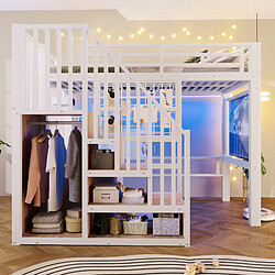 Onever Lit superposé métal 90x200 cm - marches rangement grille support projecteur - Blanc - Lit Superposé 90x200cm - Structure Métal Robuste - Étagères dans les Marches - Panneau Latéral Grille - Support pour Projecteur - Blanc